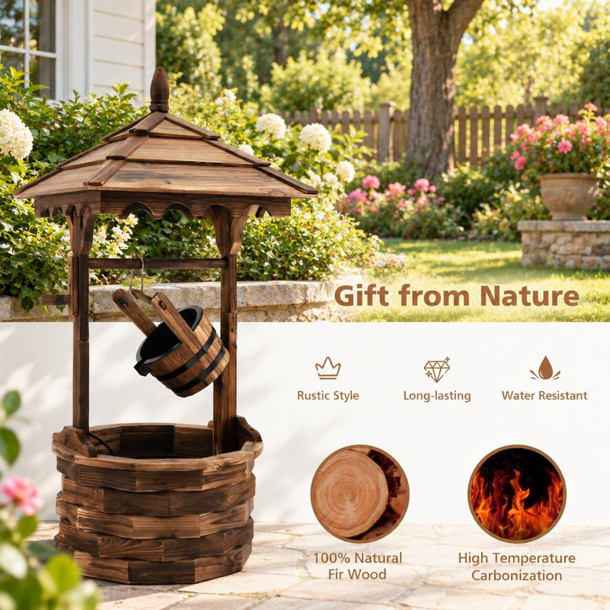 Airfind Patio Wooden Water Fountain with Electric Pump, Fir Wood, 22.5 Inch X 22.5 Inch X 48.5 Inch (l X W X H) Water Bucket for Convenient Everyday Use, Brown