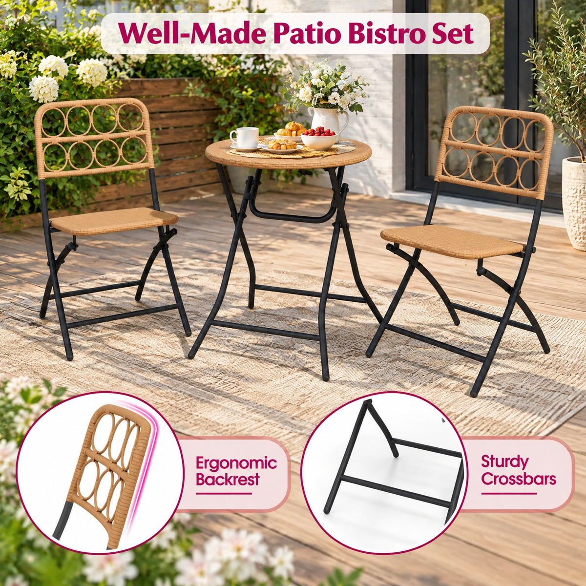 Airfind 3 Piece Patio Bistro Set Folding Round Table and Chairs with Wicker Seat, Chair 400 lbs Capacity, PE Rattan Metal Frame