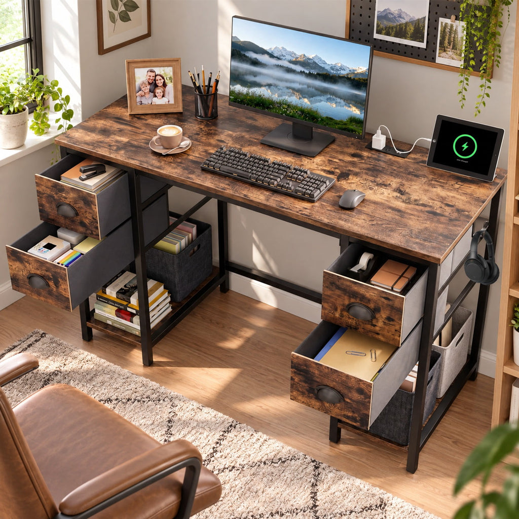 Airfind 48 Inches Computer Desk with Power Outlet Home Office Desk with 4 Fabric Drawers, 110 lbs Capacity, Engineered Wood Metal Fabric Frame