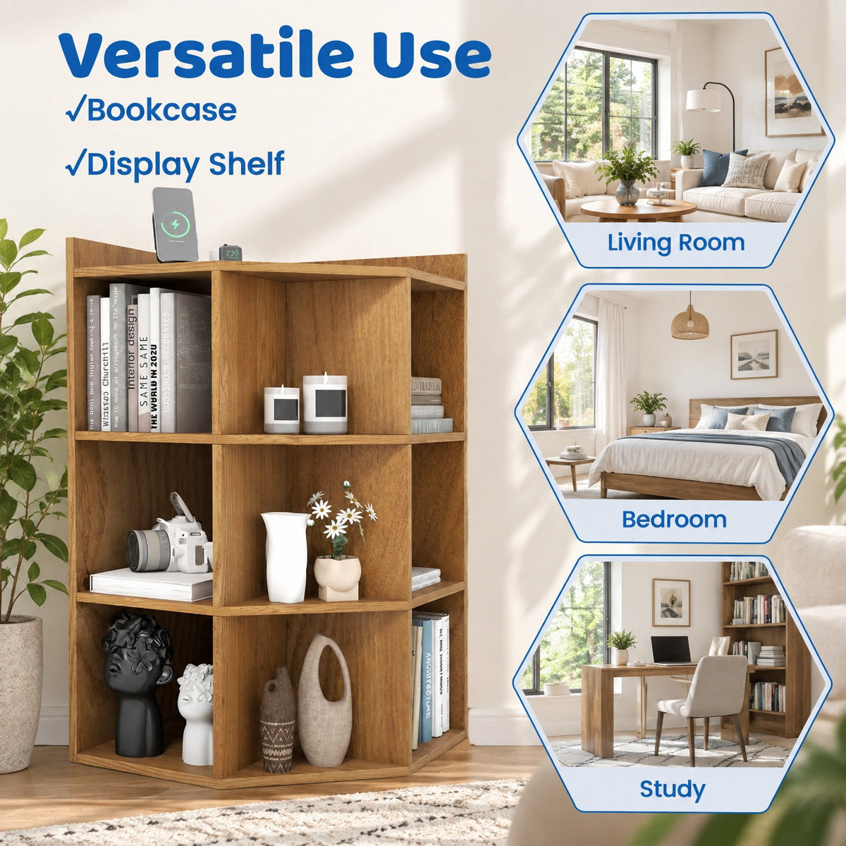 Airfind 3-Tier Corner Cabinet with Charging Station for Bedroom, Engineered Wood Frame, 20 x 20 x 34 inch Footprint, Natural
