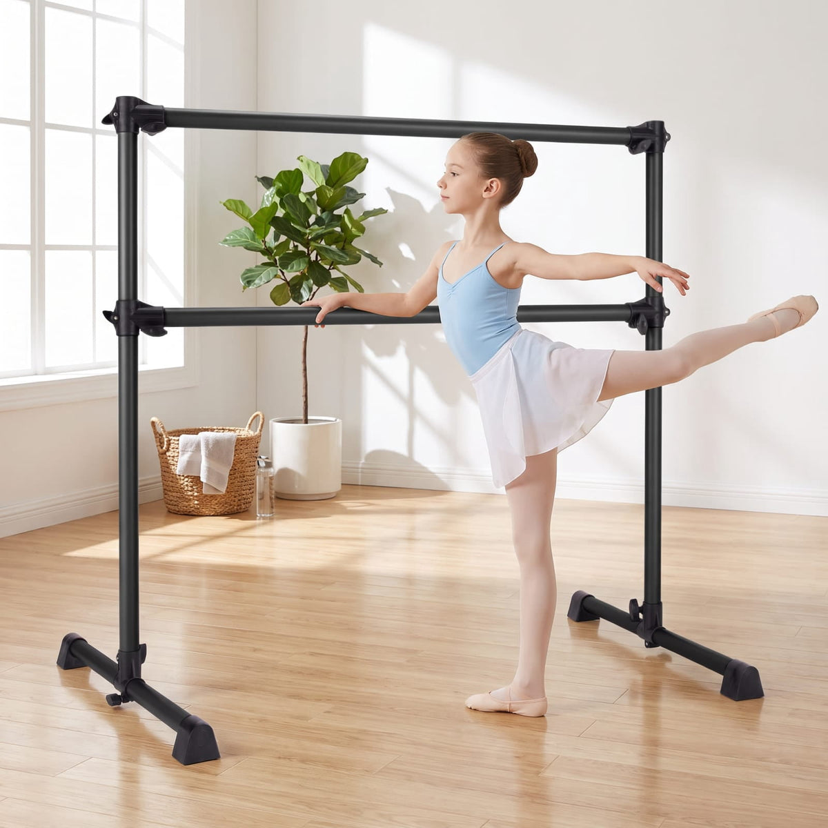 Airfind 4 Feet Double Ballet Barre with Adjustable Height and Anti Skid Pads for Home Dance Studio Stretching and Practice, Black