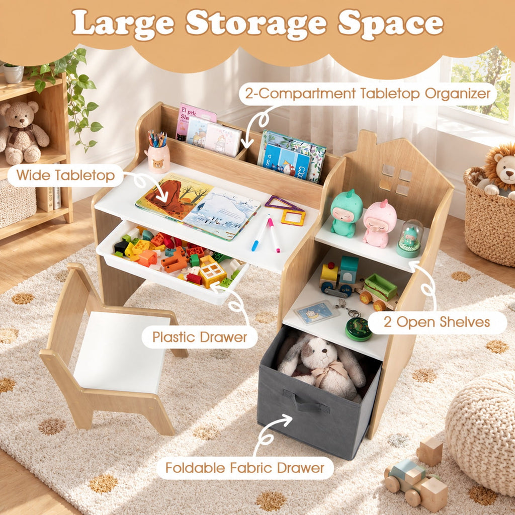 Airfind Kids Study Desk and Chair Set with Open Shelves Drawer and Fabric Storage Bin, 44 lbs Capacity, MDF Non-woven Fabric Desk Frame, Natural