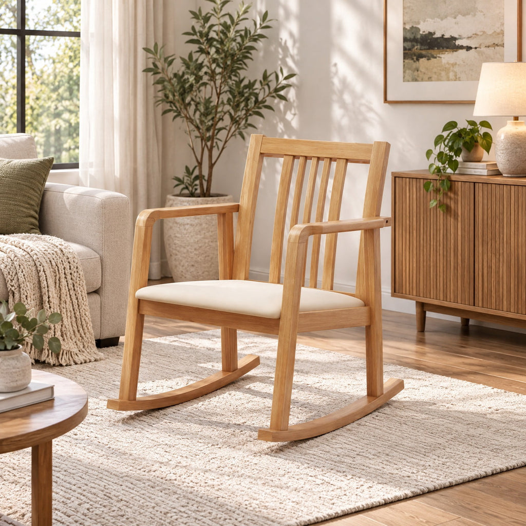 Airfind Rocking Chair with Slatted Back and Curved Armrests, 400 lbs Capacity, Rubber Wood Linen Fabric Sponge MDF Frame, 28 x 24 x 31 Footprint