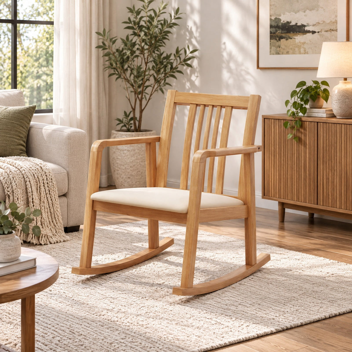 Airfind Rocking Chair with Slatted Back and Curved Armrests, 400 lbs Capacity, Rubber Wood Linen Fabric Sponge MDF Frame, 28 x 24 x 31 Footprint