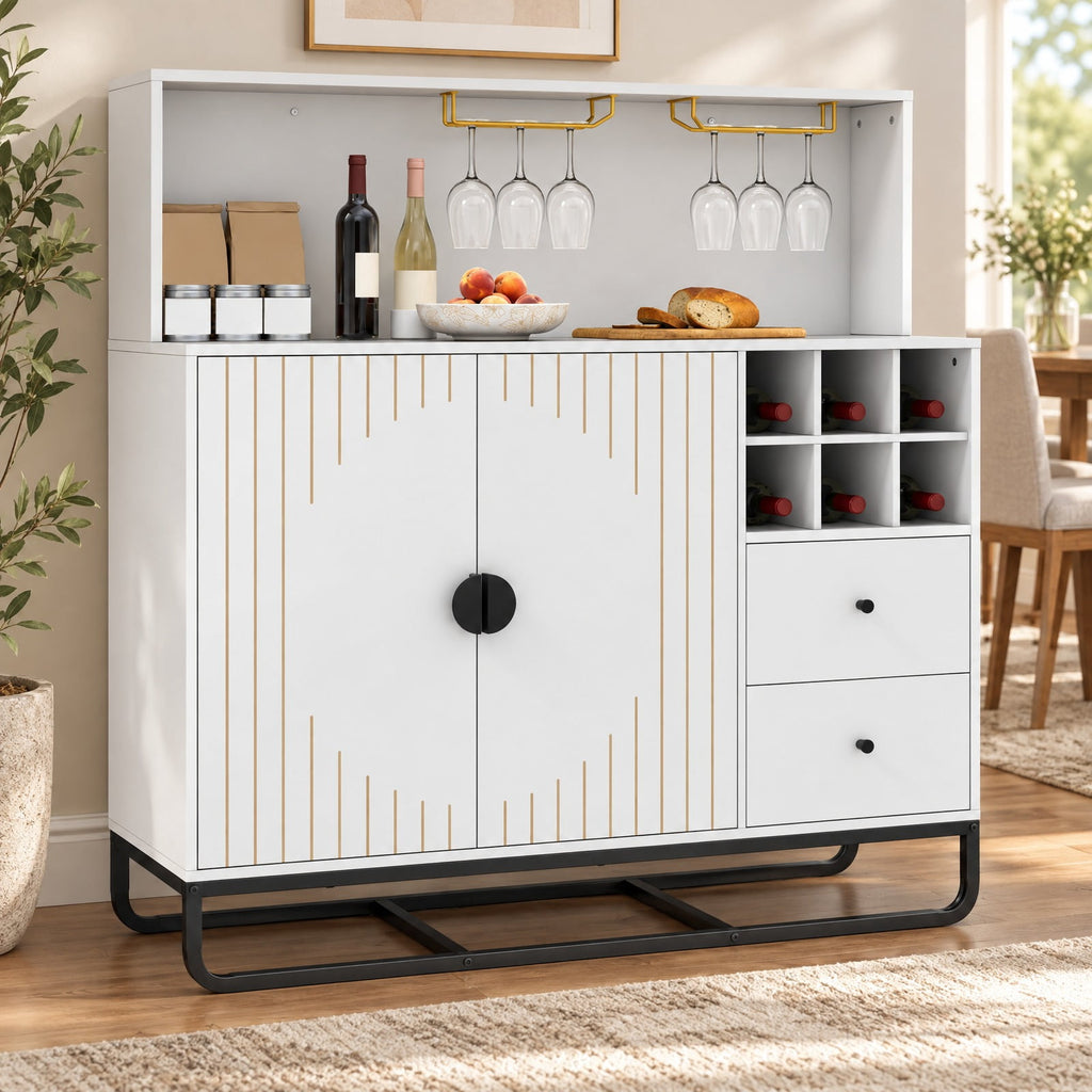 Airfind Home Bar Cabinet with Wine Rack Glass Holder and Adjustable Shelf, 47 Inch x 16 Inch x 48.5 Inch Inner Footprint, White
