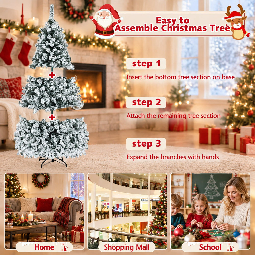 Airfind Pre-lit Snow-flocked Christmas Tree 6 Ft with Hinged PVC Branches and Metal Stand for Indoor Holiday Decor, White