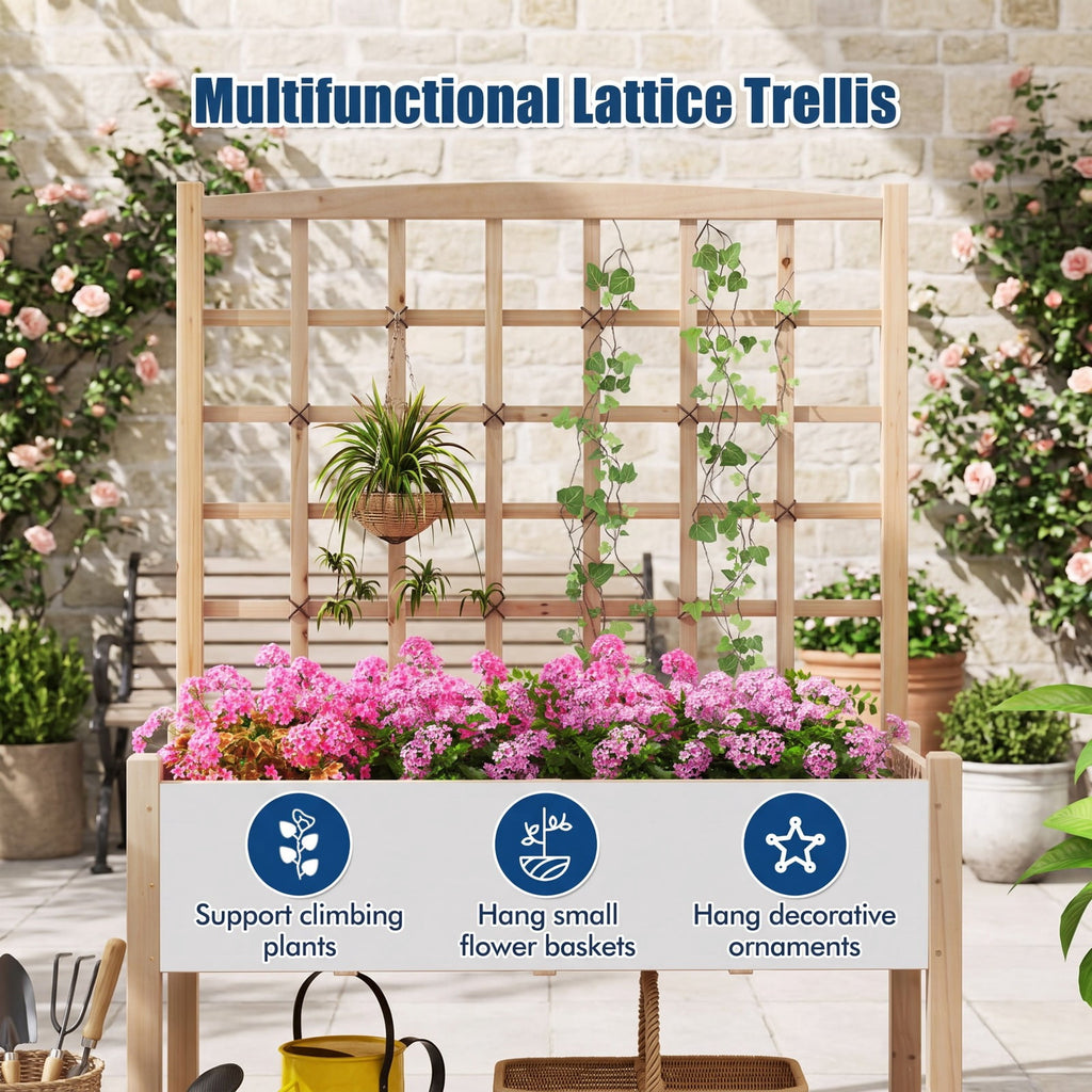 Airfind Raised Garden Bed with Lattice Trellis and Drainage Holes Elevated, 176 lbs Capacity, Fir Wood Frame, Natural
