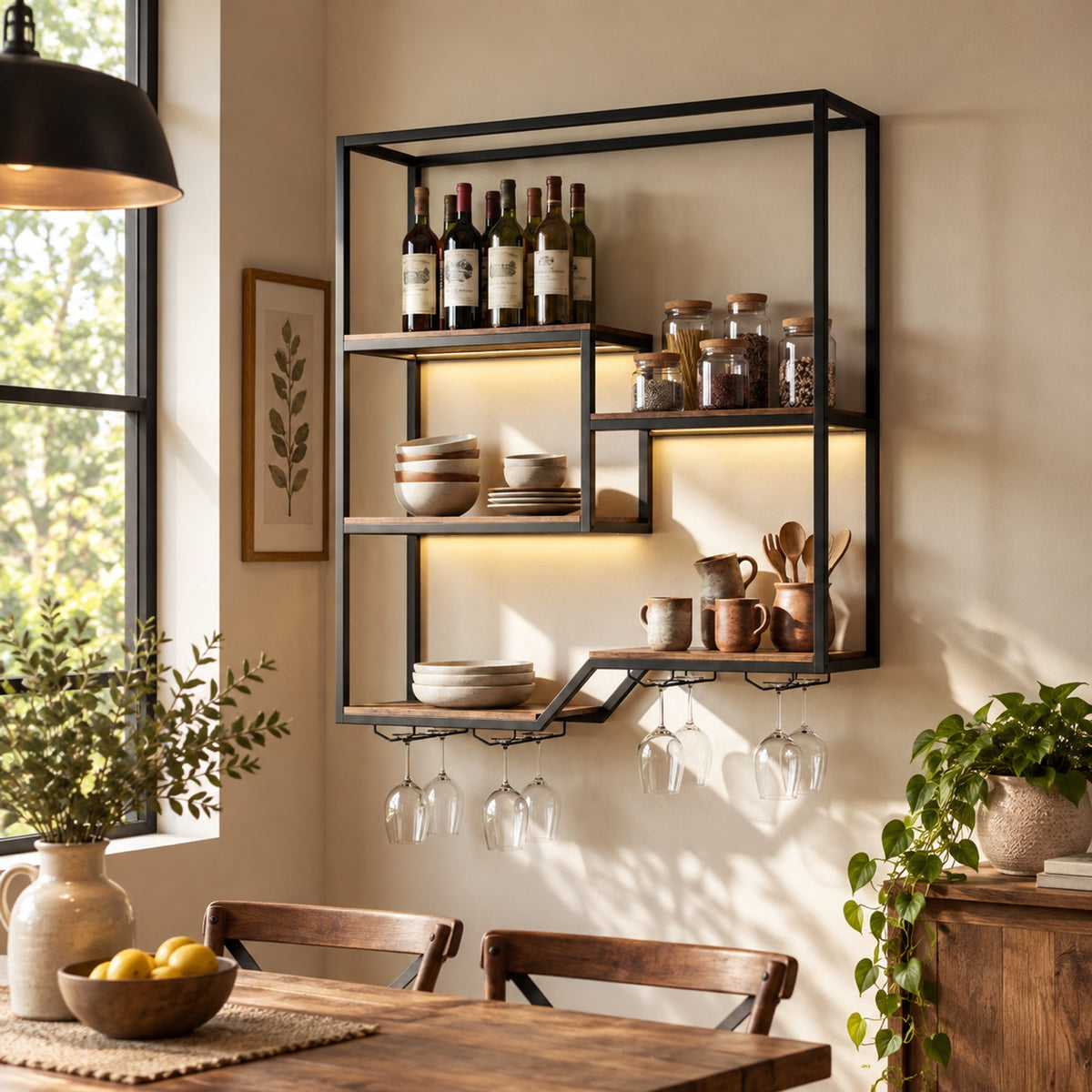 Airfind Wall Mounted Wine Rack 6-Tier Hanging Bar Shelf with Bottle Display Shelf and Glass Holder, Shelf 33 lbs Total Capacity, Brown