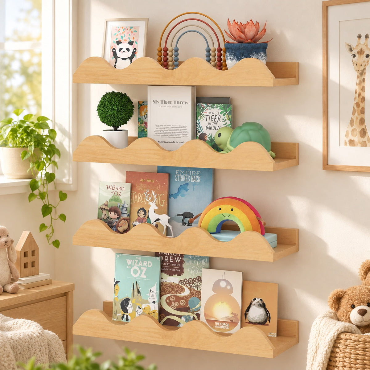 Airfind 16 Inch Kids Bookshelf Set of 4 Floating Nursery Book Shelves for Decoration Book Toy Storage, 11 lbs Capacity, Fir Wood Frame, Natural