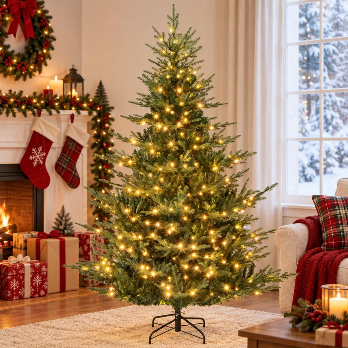 Airfind Artificial Christmas Tree with Branch Tips and Warm White LED Lights-7 Feet, White, Folding metal stand with protective foot pads