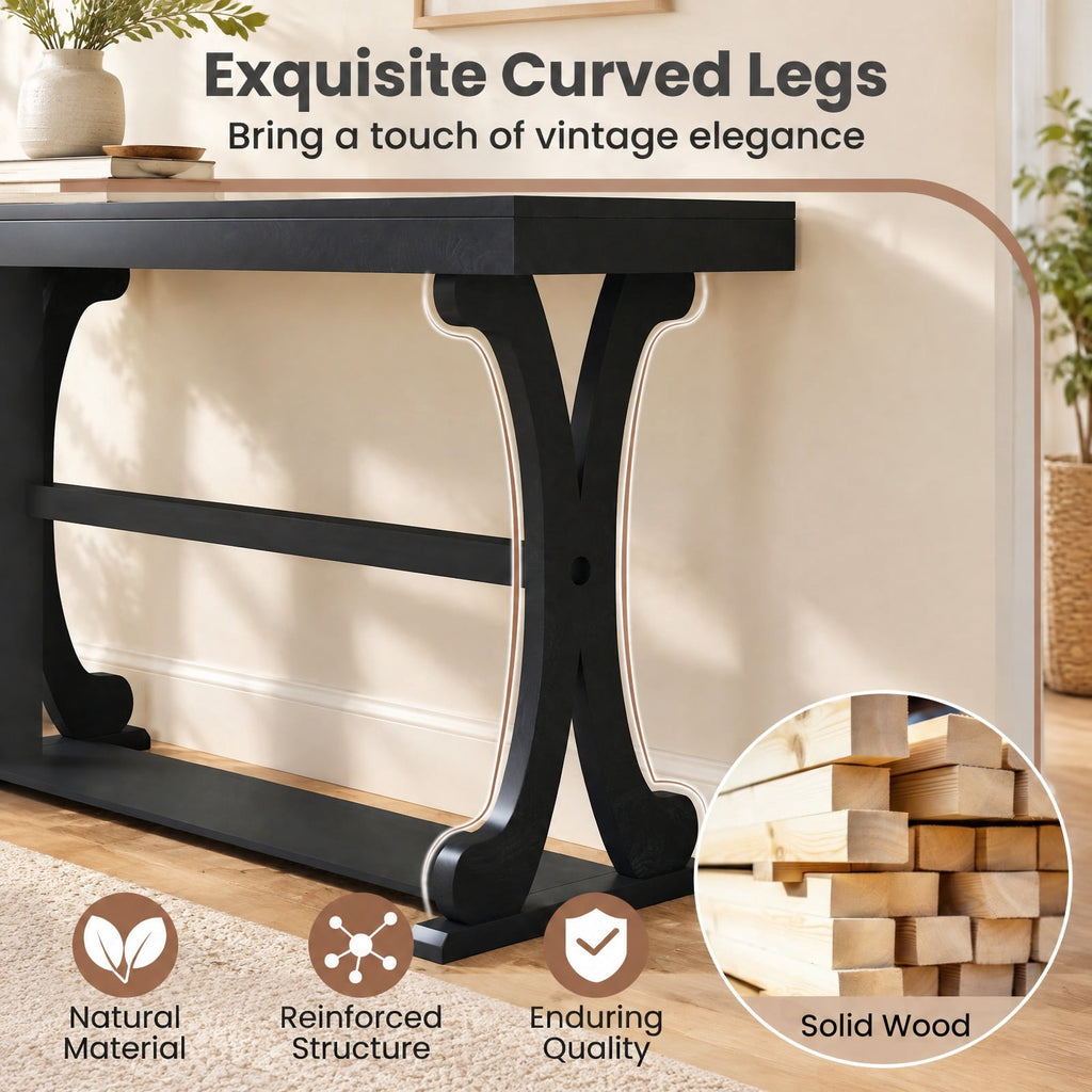 AIRFIND Console Table with Open Storage Shelf, 52 in Vintage Entryway Table with Curved Solid Wood Legs and Adjustable Feet, Black
