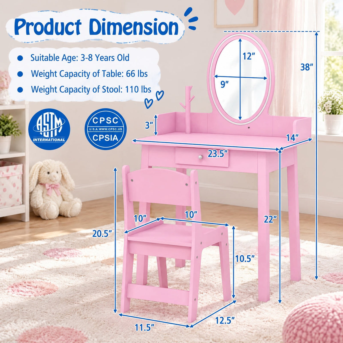 AIRFIND Kids Vanity Table and Chair with Lighted Acrylic Mirror, Drawer and Jewelry Organizer, Removable Mirror for Ages 3-8, Pink