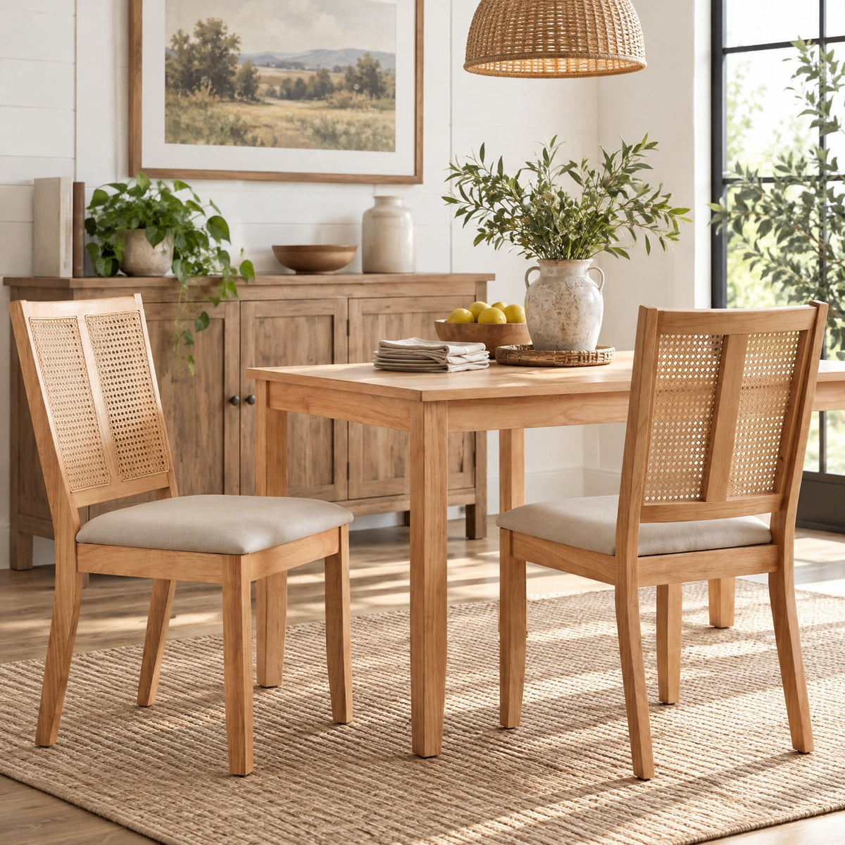 Airfind Rattan Dining Chairs Set of 2 with Curved Backrest and Padded Seat for Dining Room, 380 lbs Capacity, Rubber Wood Frame, Natural