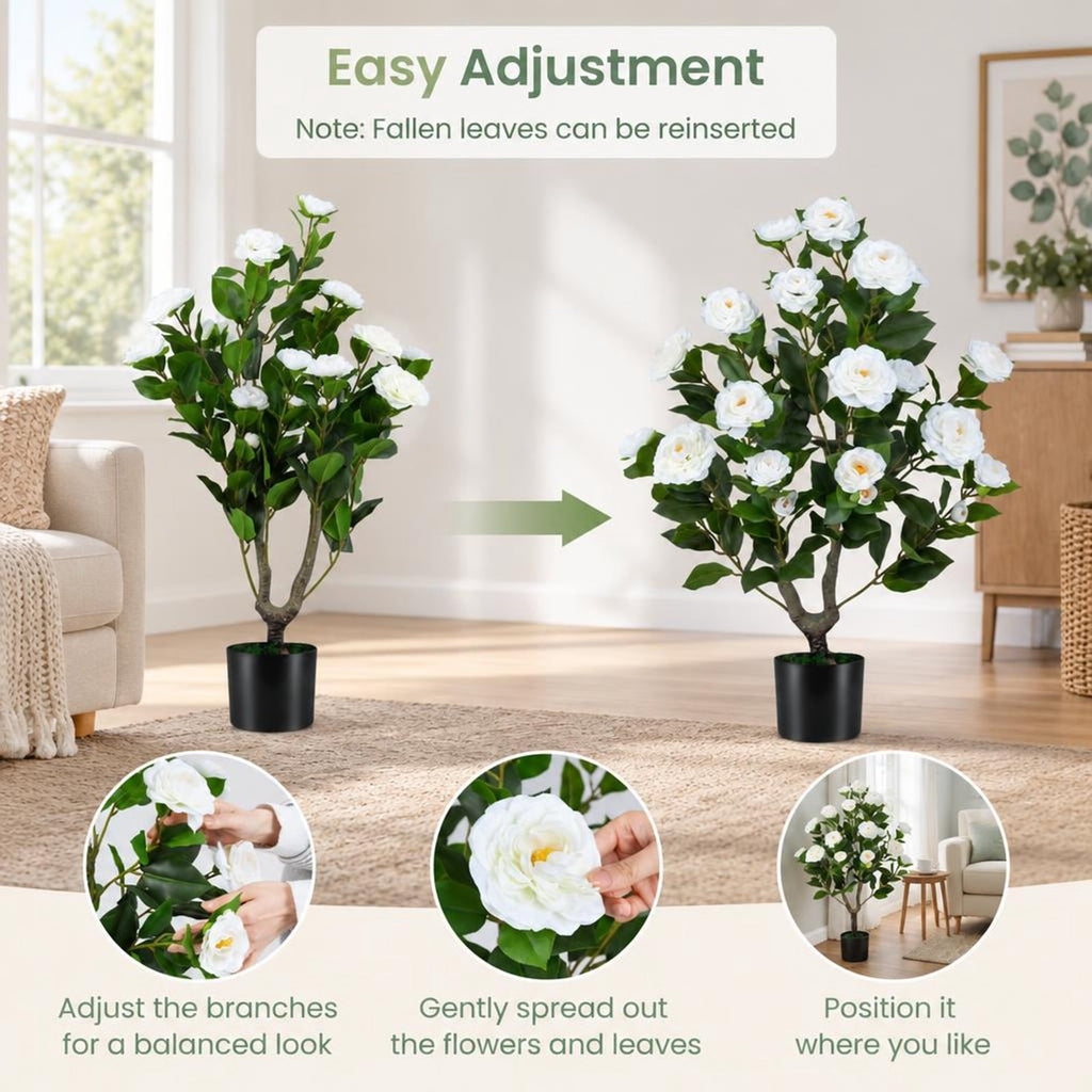 Airfind 2-Pack Artificial Camellia Tree Faux Flower Plant in Cement-Filled Pot, White, offers excellent stability and balance