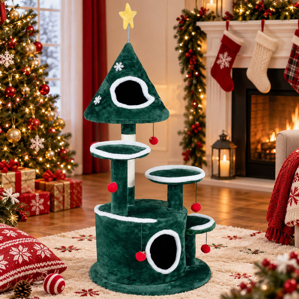 Airfind 50in Christmas Cat Tree with 2 Condos and Sisal Scratching Post, Green, Star-shaped spring toy for extra entertainment