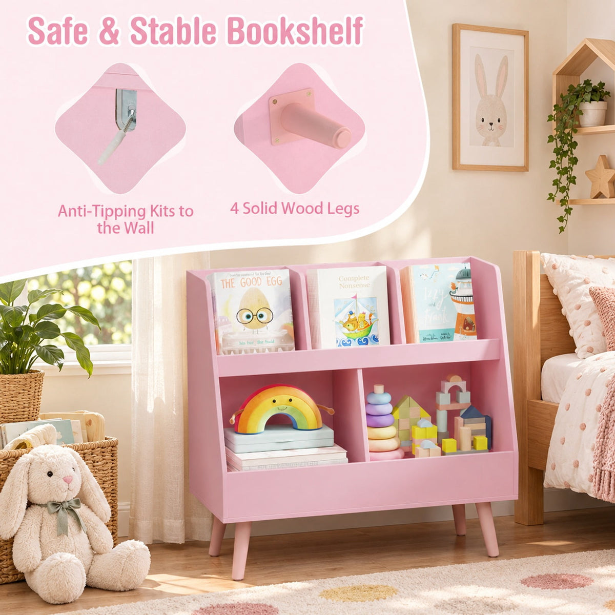 Airfind 5-Cube Kids Bookshelf and Toy Organizer with Anti-Tipping Kits, 68 lbs Capacity, MDF Solid Wood Frame, Pink