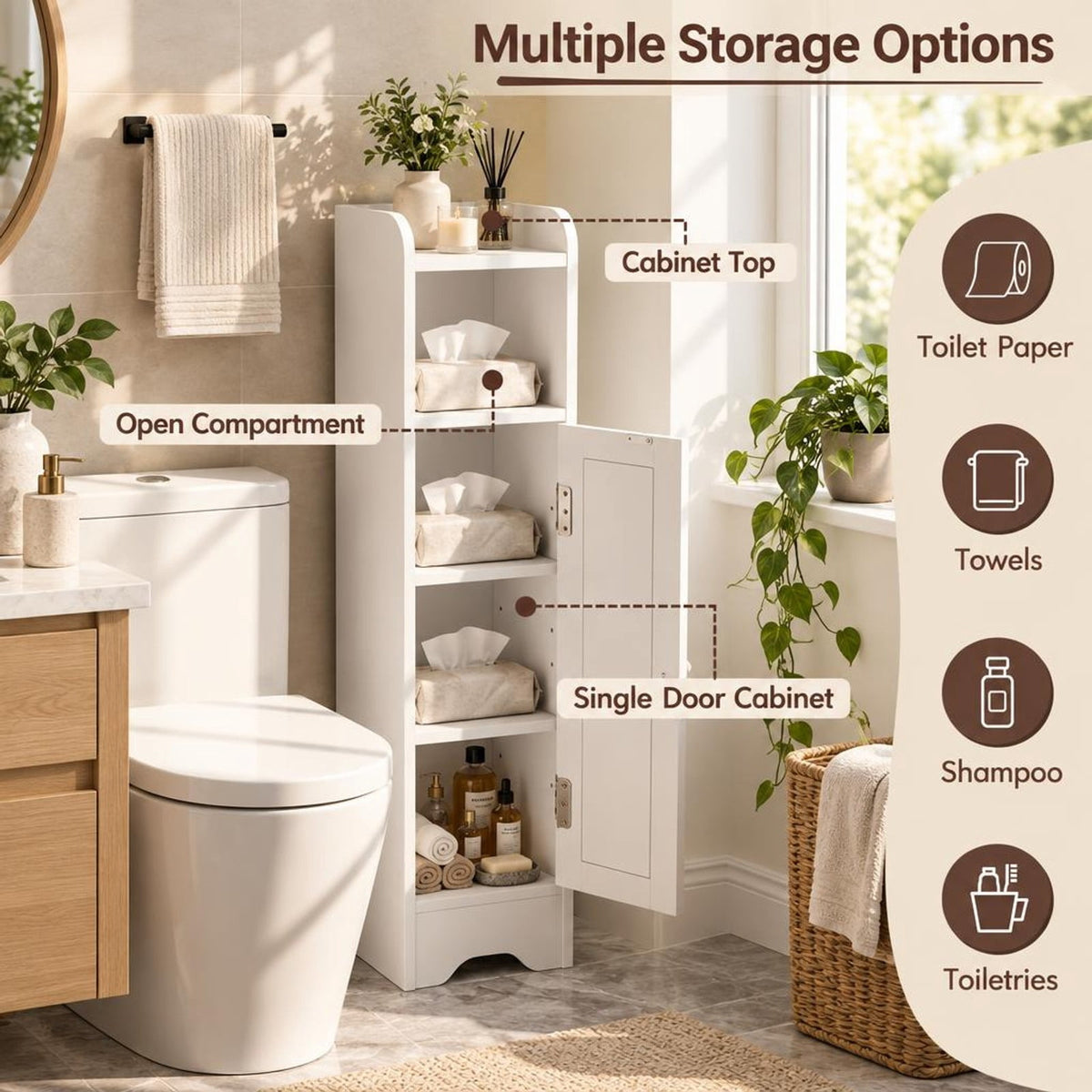 Airfind Slim Bathroom Cabinet Corner with 1 Door and Adjustable Shelves, 22 lbs Capacity, Engineered Wood Frame, 7.5in x 7in x 31.5in Footprint, White