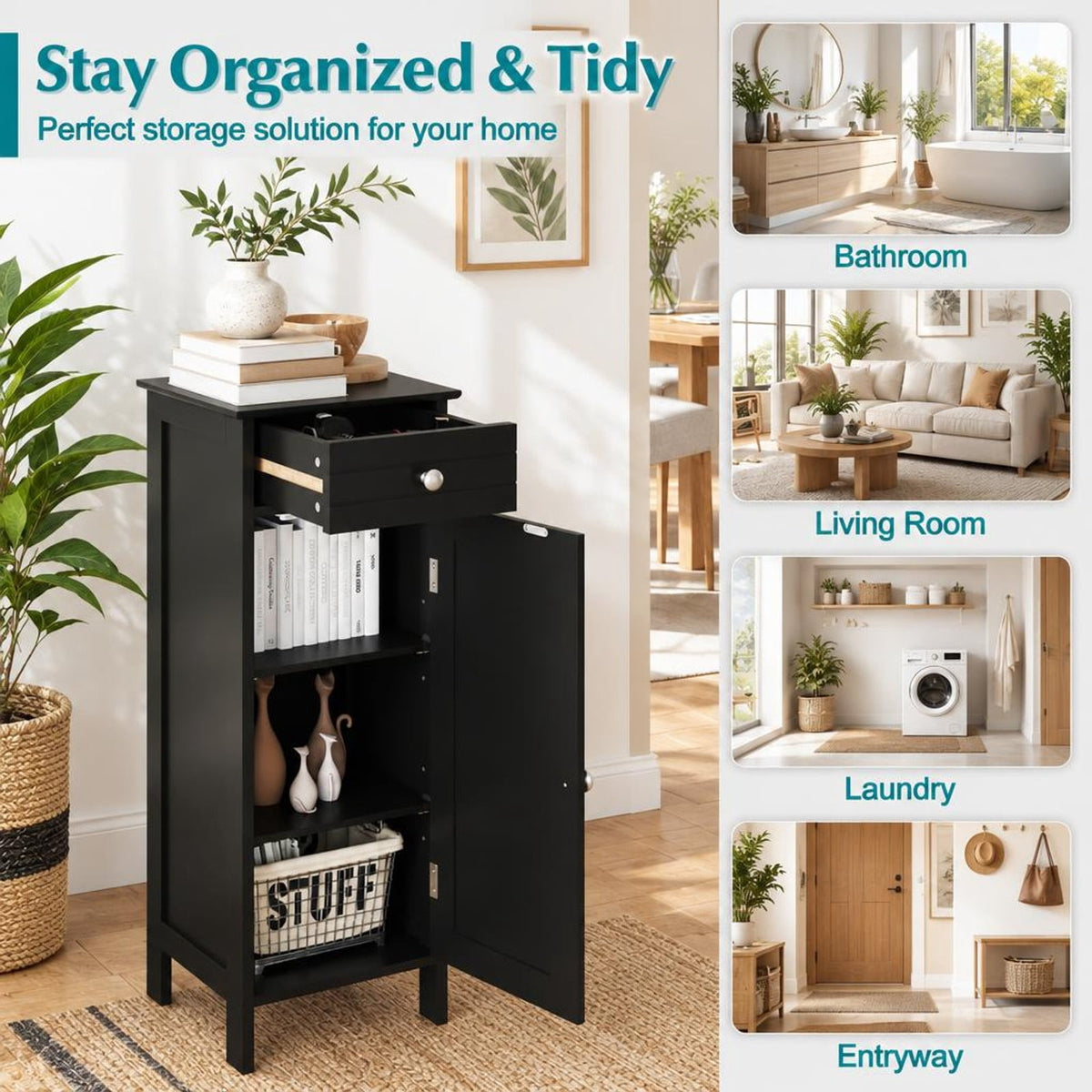 Airfind Wooden Storage Free-Standing Floor Cabinet with Drawer and Shelf, 132 lbs Capacity, MDF Frame, 14in x 12in x 34.5in Footprint, Black