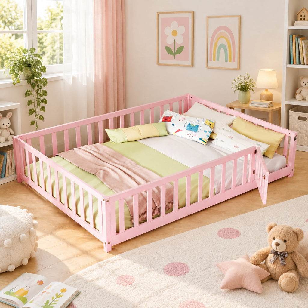 Airfind Montessori Bed Frame with Full-length Guardrails Safety Door and Latch, 330 lbs Capacity, Pine Wood Plywood Frame, Pink