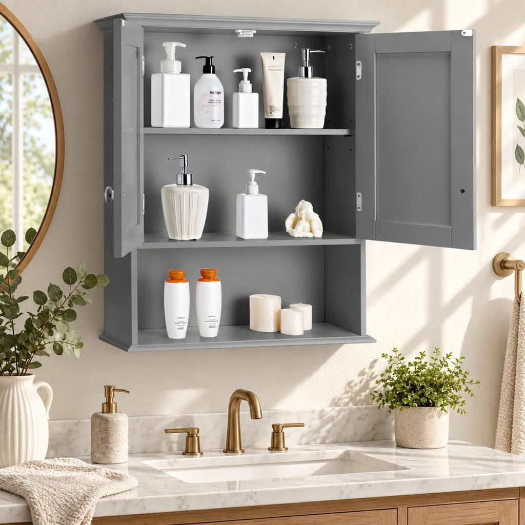 Airfind Wall Mount Bathroom Storage Cabinet, MDF Metal Frame, 23.5in x 8in x 28in(L x W x H) Weight capacity of each level: 11 lbs Footprint, Gray