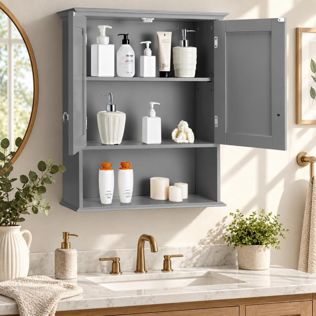 Airfind Wall Mount Bathroom Storage Cabinet, MDF Metal Frame, 23.5in x 8in x 28in(L x W x H) Weight capacity of each level: 11 lbs Footprint, Gray