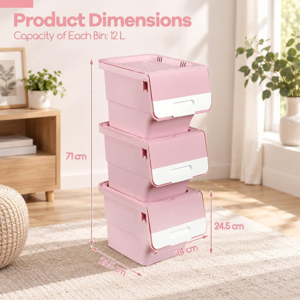 Airfind 3 Pieces Storage Bins on Wheels Stackable Plastic Boxes with Stay-Open Lid (S), 13 lbs Capacity, PP Frame, Pink