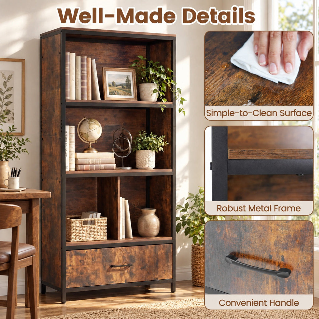 Airfind 56in Tall Freestanding Bookcase with Drawer 5 Tier, 44 lbs Capacity, Engineered Wood Metal Frame, 27in x 12in x 56in Footprint