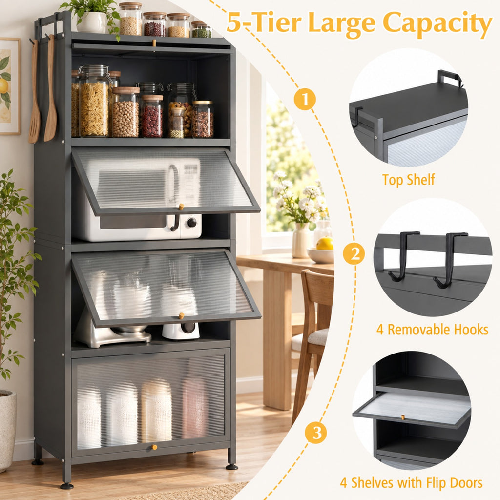Airfind 5-Tier Kitchen Bakers Rack with Flip-up PC Doors, tier 33 lbs Capacity, Metal PC PP Gray Frame, 23.5 x 12.5 x 60.5 Footprint, Gray