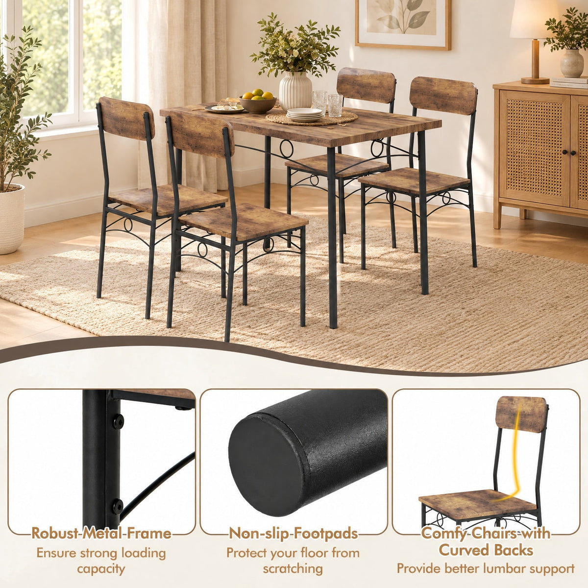 Airfind 5-Piece Industrial Dining Table Set for 4 for Small Place Apartment, 200 lbs Capacity, MDF Metal Frame, Coffee