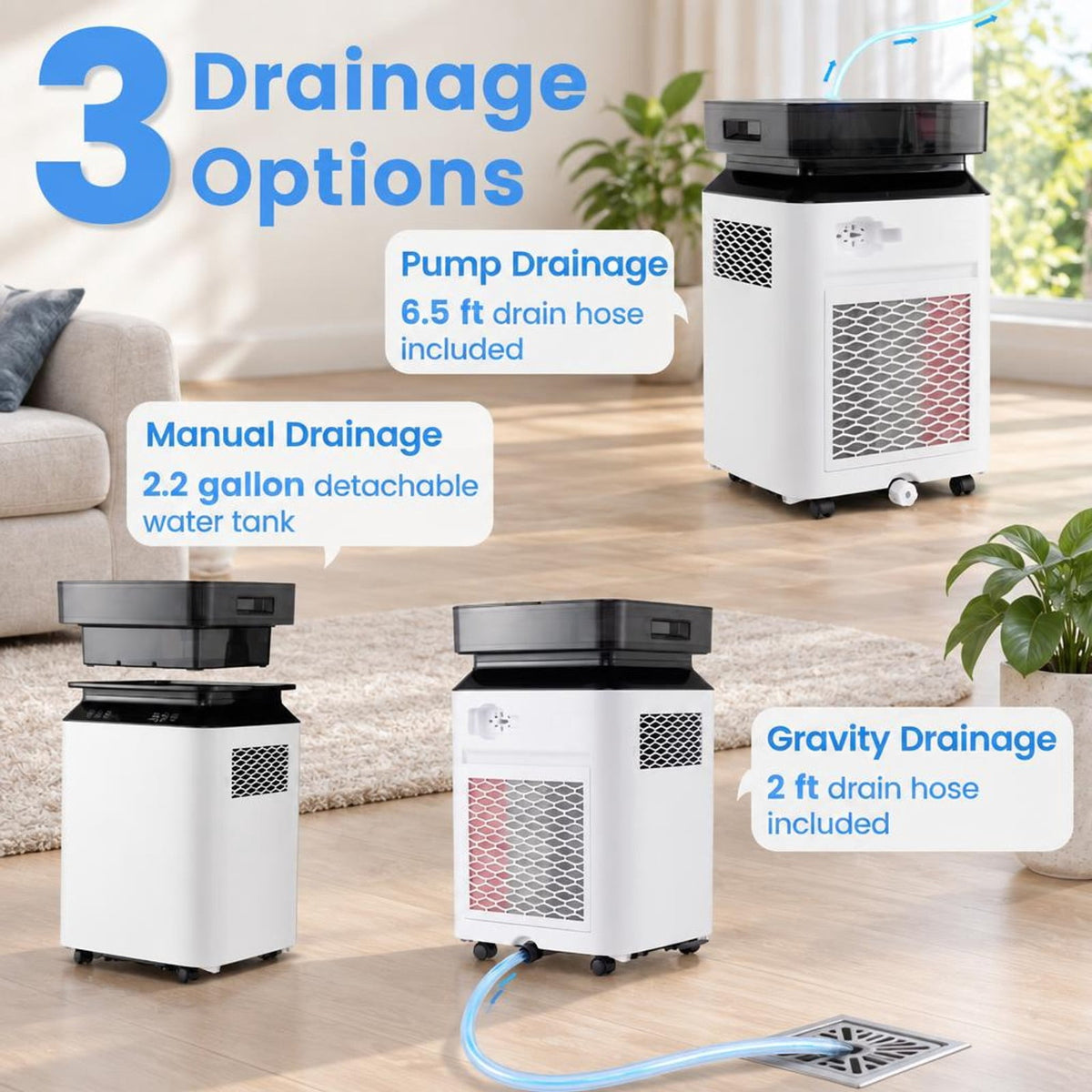 Airfind 70/90 Pint 4500/6000 Sq. Ft Dehumidifier with Continuous and Auto Mode-70 Pints, ABS Frame, 13 Inch x 12 Inch x 21.5 Inch (L x W x H) Dehumidify, White