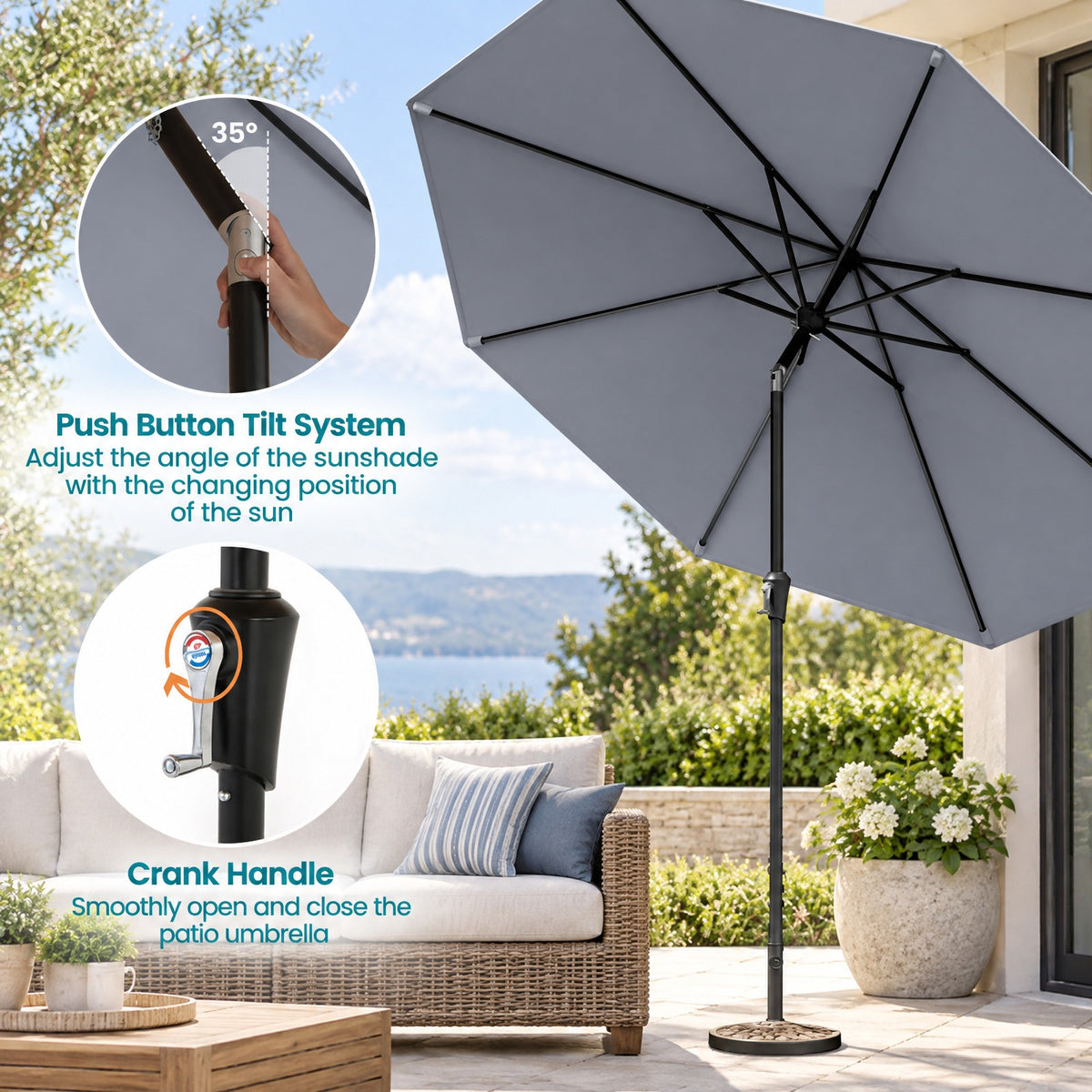 Airfind 9 FT Outdoor Market Patio Table Umbrella Push Button Tilt Crank Lift, Iron Polyester Fabric Frame, Gray