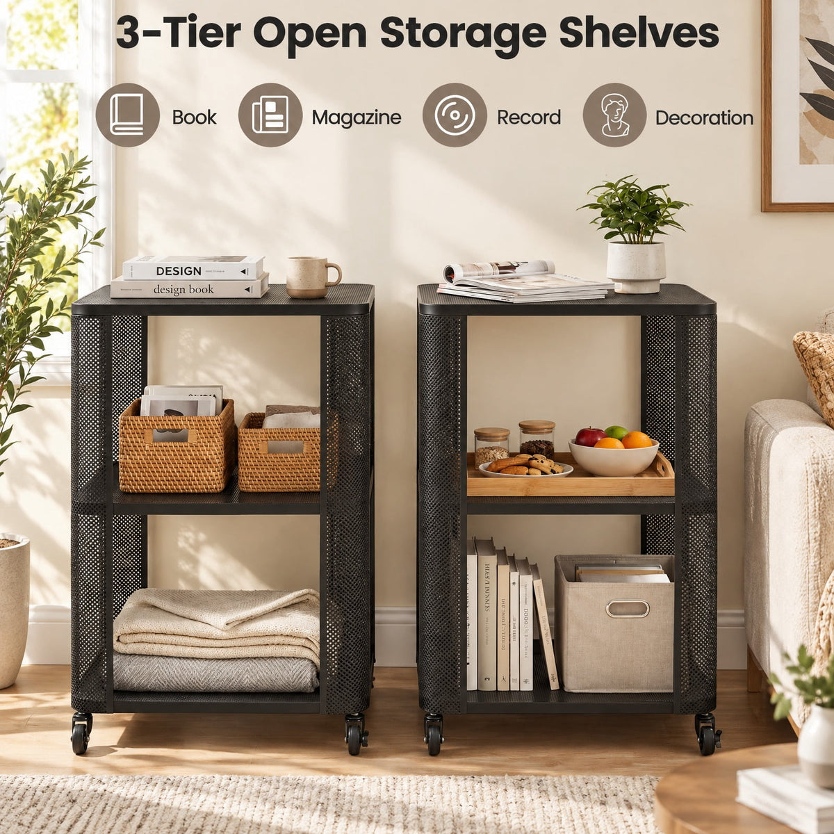 Airfind 3-Tier End Table with Wheels Rolling Side Table with Open Storage Shelves-Set of 2, 112 lbs Capacity, Metal Frame, 16 x 16 x 22 Footprint