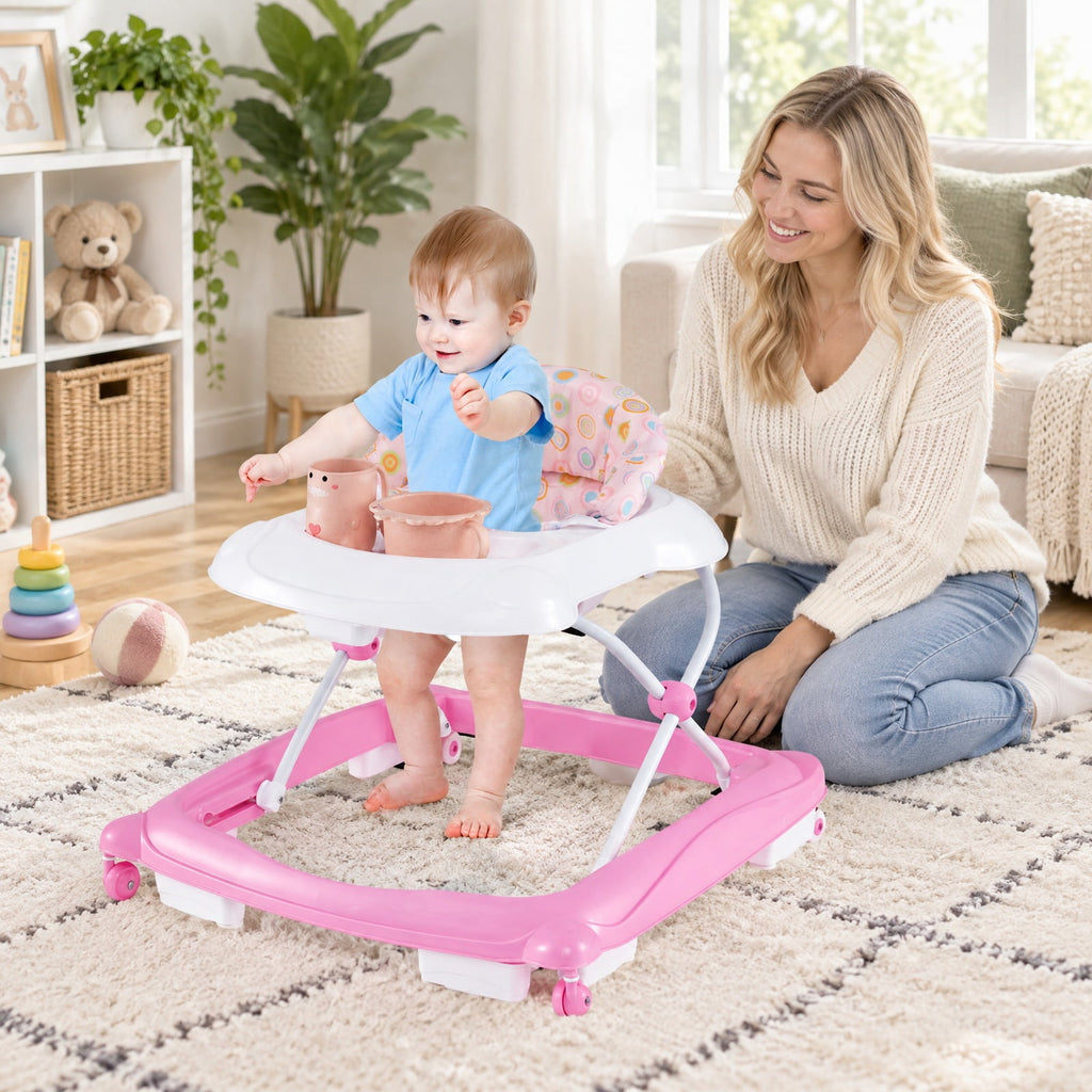 Airfind Foldable Baby Walker with 3 Adjustable Heights and Padded Seat, 26.5 lbs Capacity, PP Frame, for 7-14 months, Pink