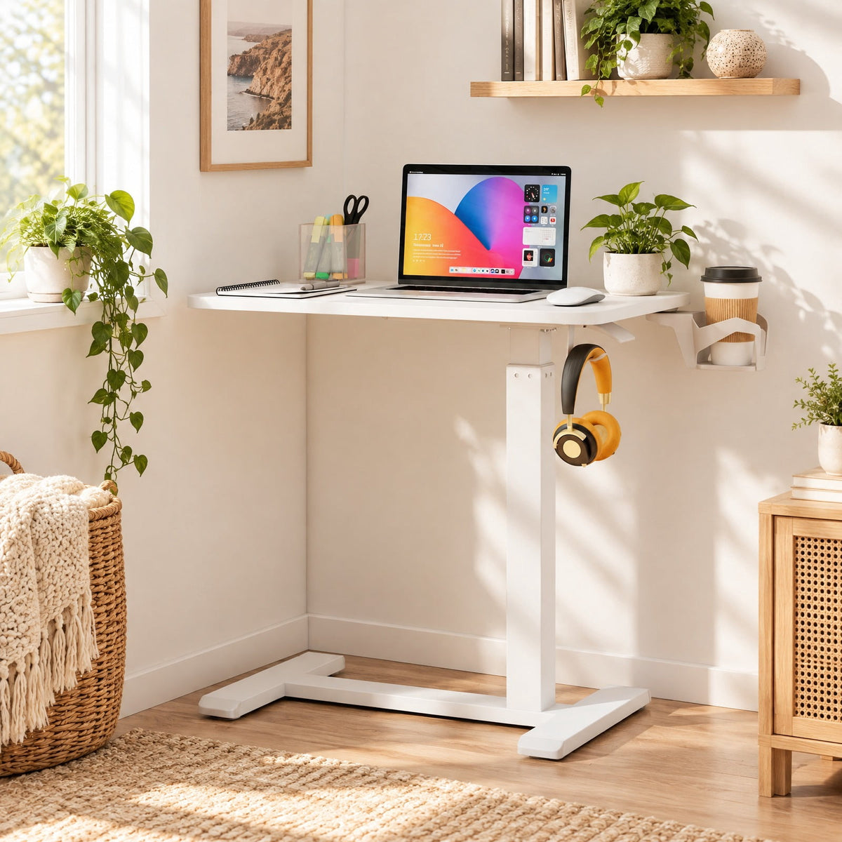 Airfind Mobile Standing Desk Height Adjustable Overbed Bedside Table with Cup Holder, 90 lbs Capacity, Engineered Wood Frame, White