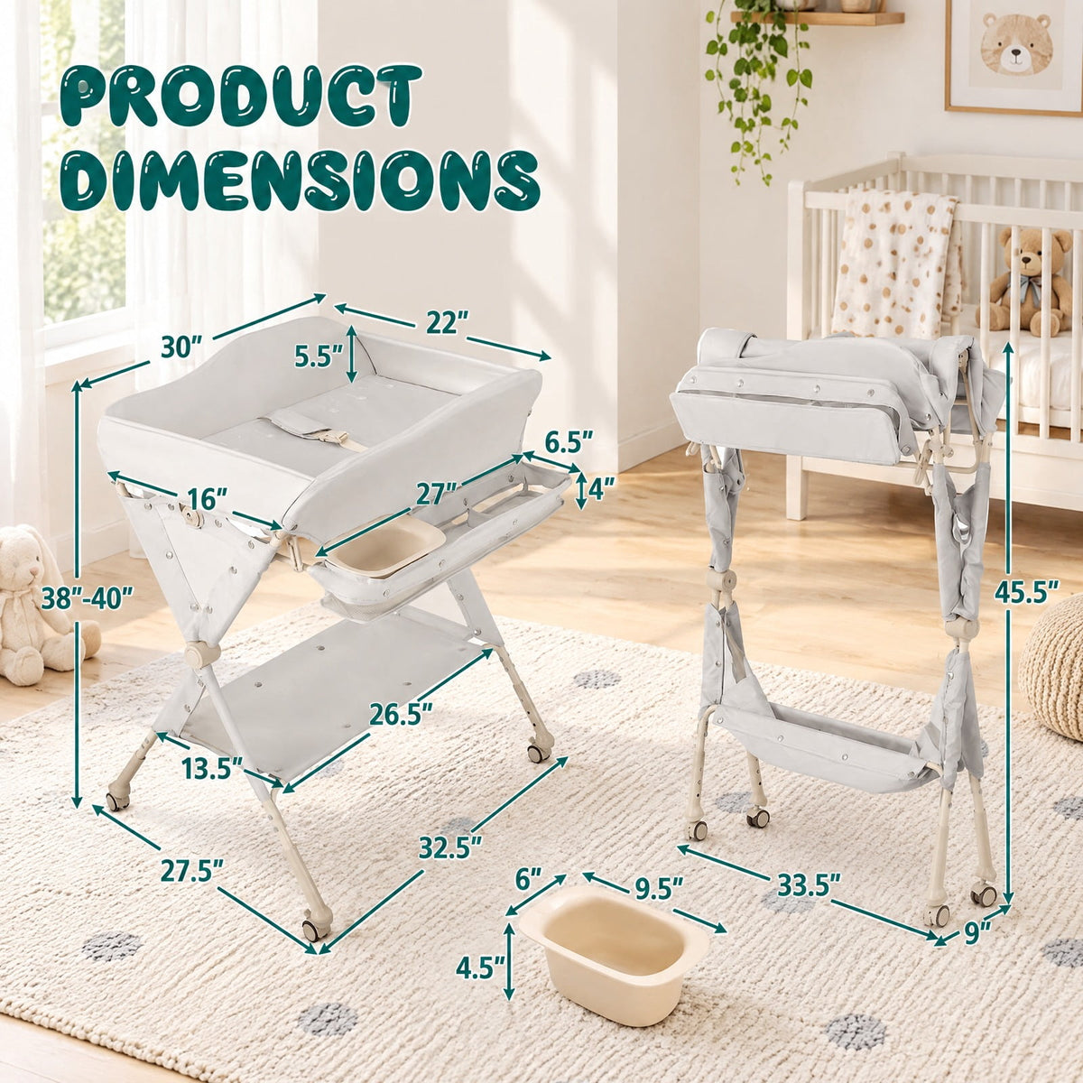 Airfind Baby Diaper Changing Table with Water Basin Wheel, 33 lbs Capacity, PP Frame, for 0-12 Months, 32.5x 27.5x 38-40 Footprint, Gray