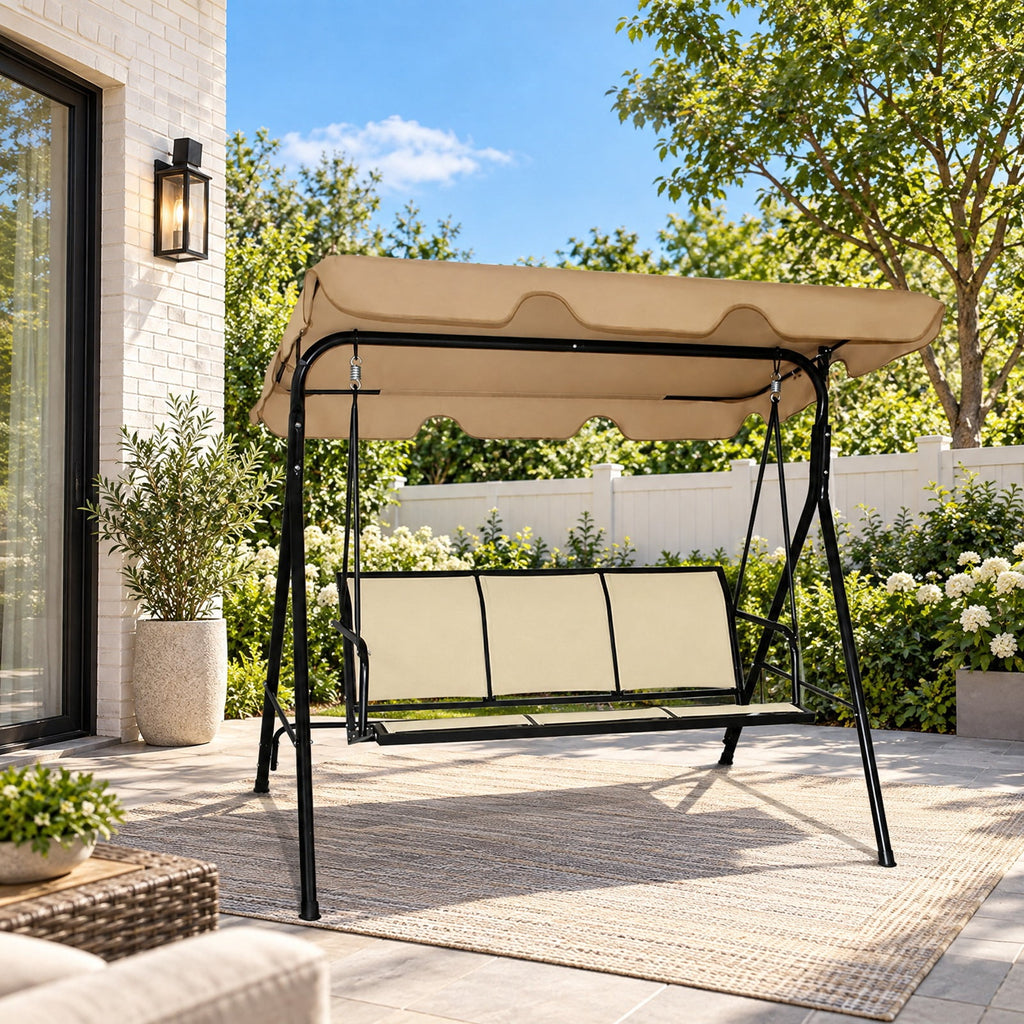 Airfind 3 Person Steel Frame Patio Swing with Polyester Angle and Adjustable Canopy, 550 lbs Capacity, Steel textile fiber polyester Frame, Brown