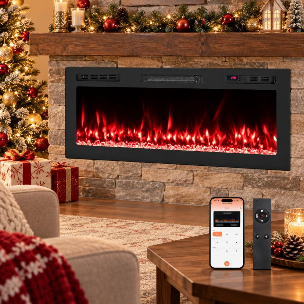 Airfind Smart WiFi Electric Fireplace Wall Mounted and Recessed 750W/1500W Heater-42 Inch, Black, Power Cord 5 ft Net Weight-36in 29.5 lbs