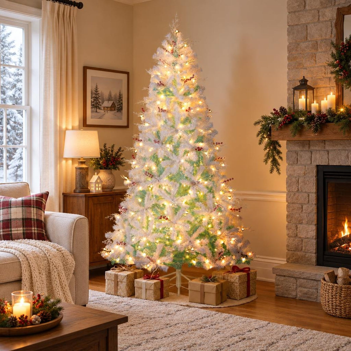 Airfind Pre-Lit Artificial Christmas Tree with Snow Flocked Branch Tips, PVC PE Metal Frame, 3.8 x 6 ft Footprint, White+Lake Blue