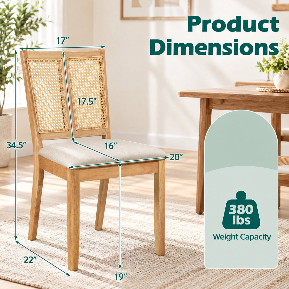 Airfind Rattan Dining Chairs Set of 4 with Curved Backrest Padded Seat for Dining Room, 380 lbs Capacity, 20 x 22 x 34.5 Footprint, Natural