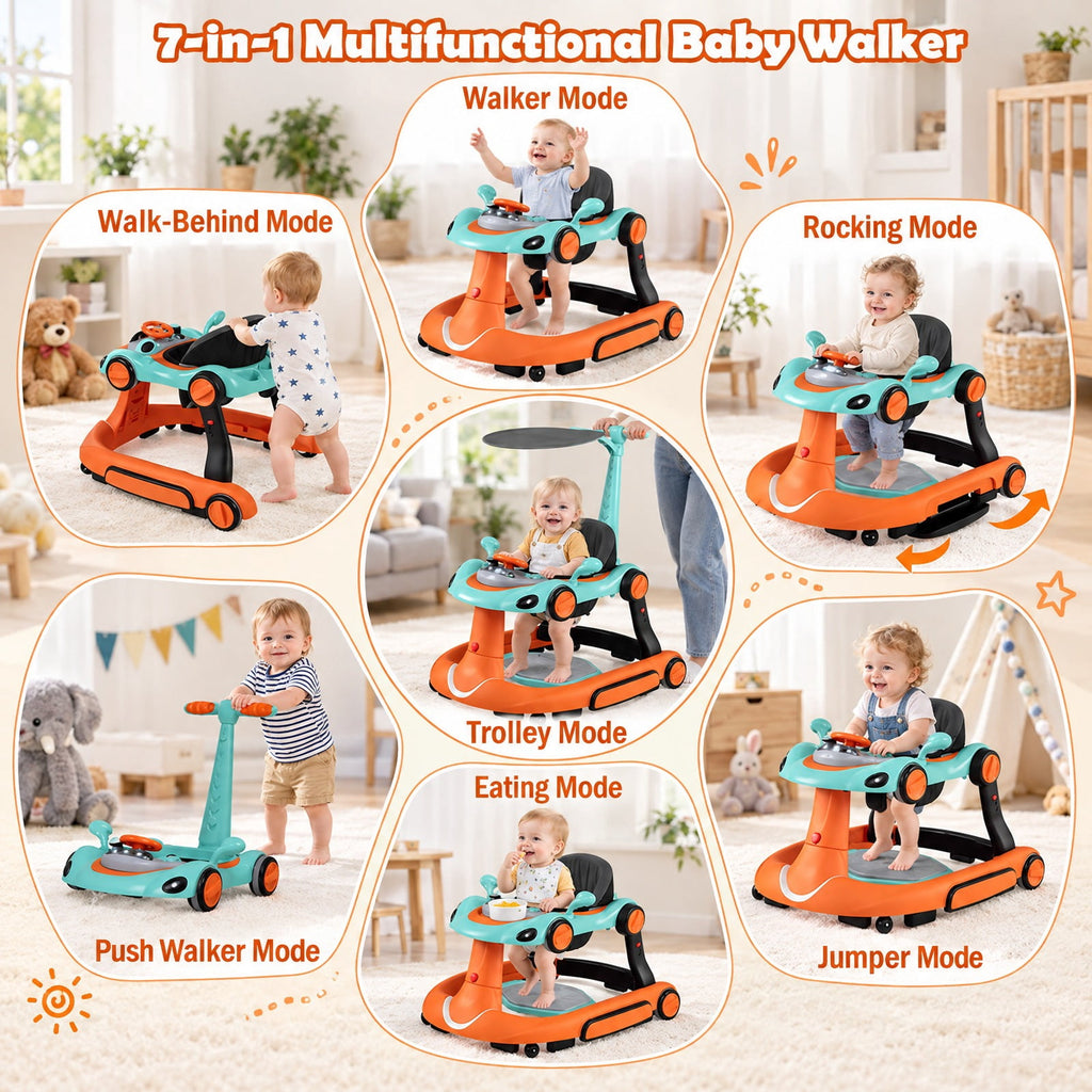 Airfind 6-in-1 Baby Walker with Canopy Portable Activity Center Bouncer Rocker Combo with Music, 27 lbs Capacity, PP ABS Fabric Sponge Frame, Green