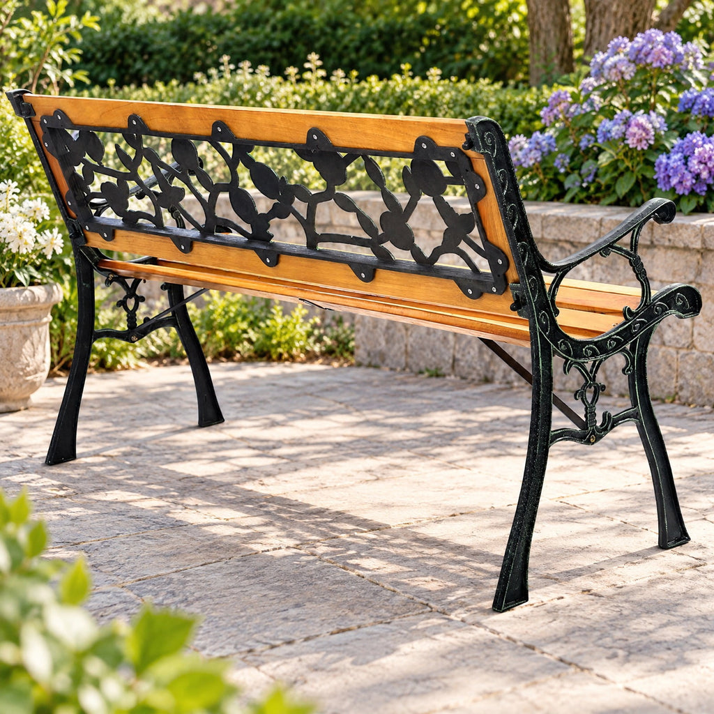 Airfind 49 1/2 Inch Patio Park Garden Porch Chair Bench, 463 lbs Capacity, Cast iron Frame, 49.5 Inch x 20.5 Inch x 29 Inch Product weight: 30 lbs Footprint