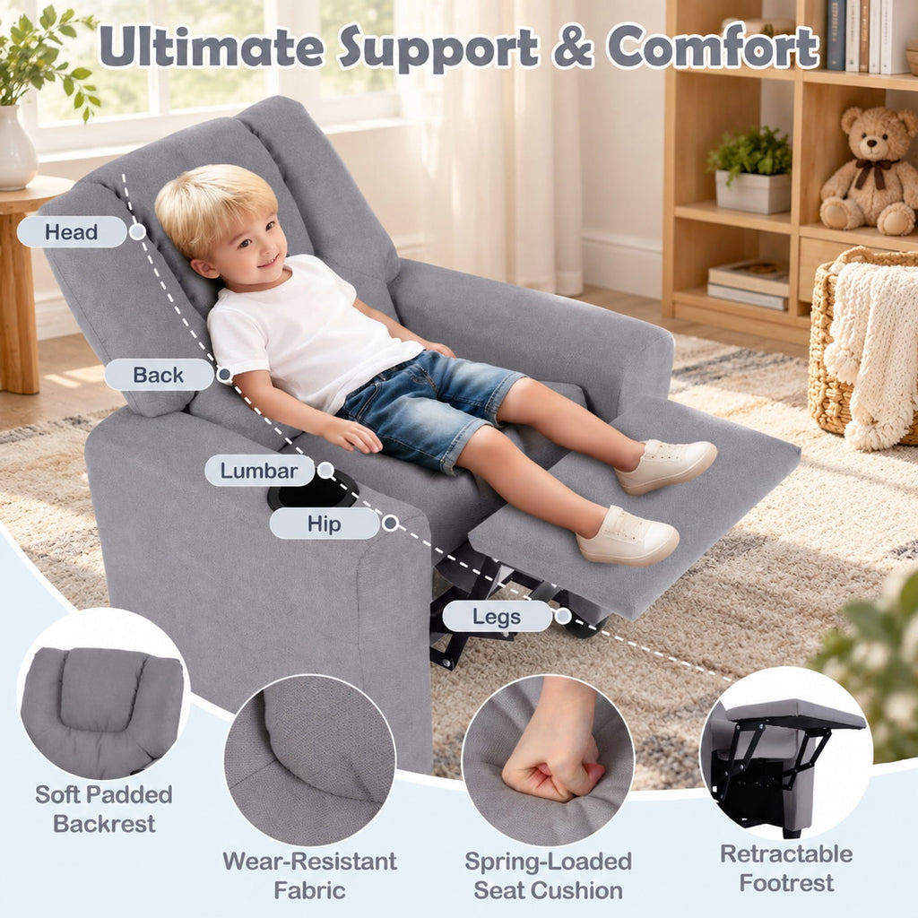 Airfind Kids Recliner Chair Push Back Toddler Reclining Armchair with Cup Holder, 150 lbs Capacity, Wood Frame, for 3+ years old, Gray