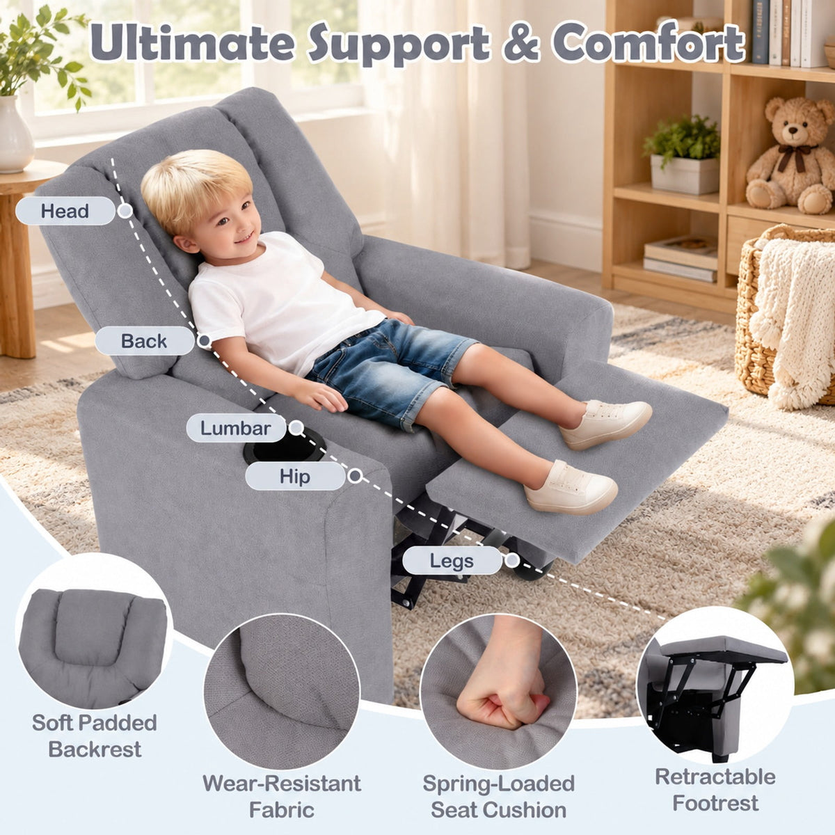 Airfind Kids Recliner Chair Push Back Toddler Reclining Armchair with Cup Holder, 150 lbs Capacity, Wood Frame, for 3+ years old, Gray