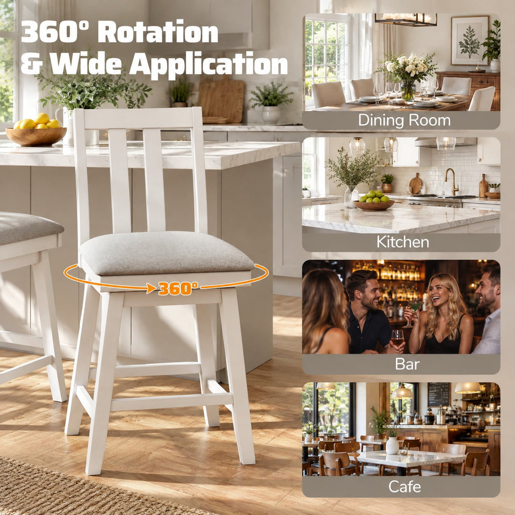 Airfind 25 Inch Modern Bar Stools Set of 2 with Upholstered and 360° Rotation Seat, 400 lbs Suitable Counter Height 35 Inch -39 Inch Capacity, White