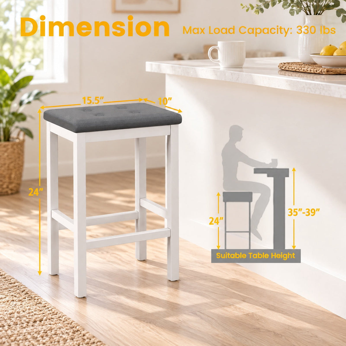 Airfind 24 Inch Bar Stools with Padded Seat Footrest and Rubber Wood, 330 Lbs Capacity, Rubber Wood Sponge PVC Leather Plywood, Gray