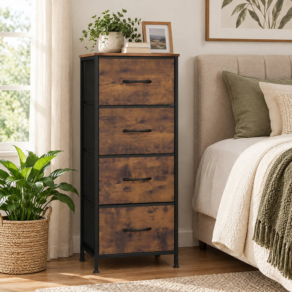 Airfind Dresser Nightstand with 4 Roomy Fabric Drawers and Metal Frame, 130 lbs Capacity, Metal Engineered Wood Non-Woven Fabric Frame, Brown