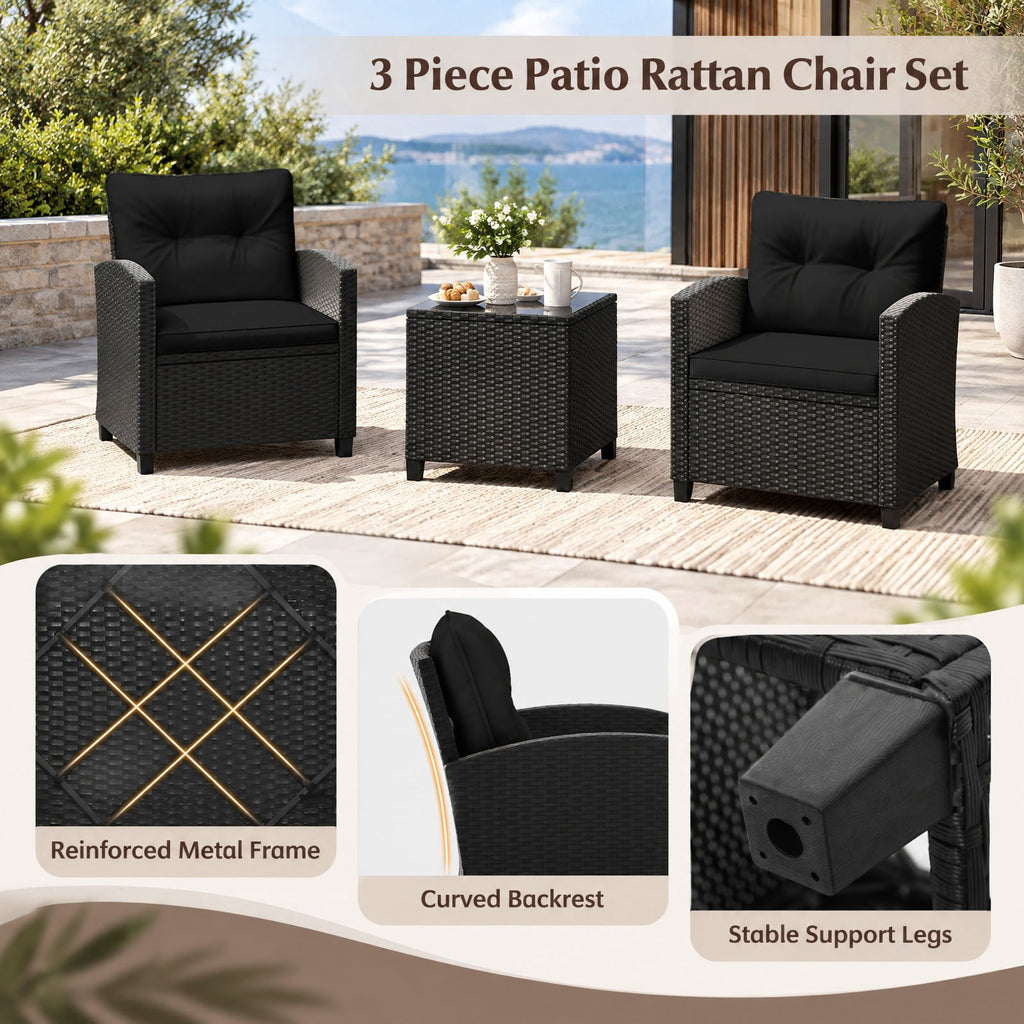 Airfind 3 Pieces Patio Furniture Set with Tempered Glass Coffee Table, 400 lbs Capacity, PE Rattan Metal Tempered Glass Polyester Sponge Frame