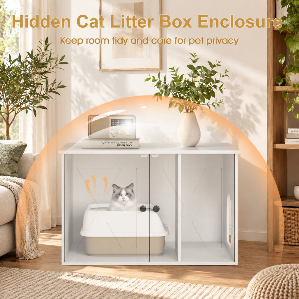 Airfind Hidden Cat Litter Box Enclosure Furniture with Divider, White, Large tabletop for plants decorations or storage, for Everyday Home Use