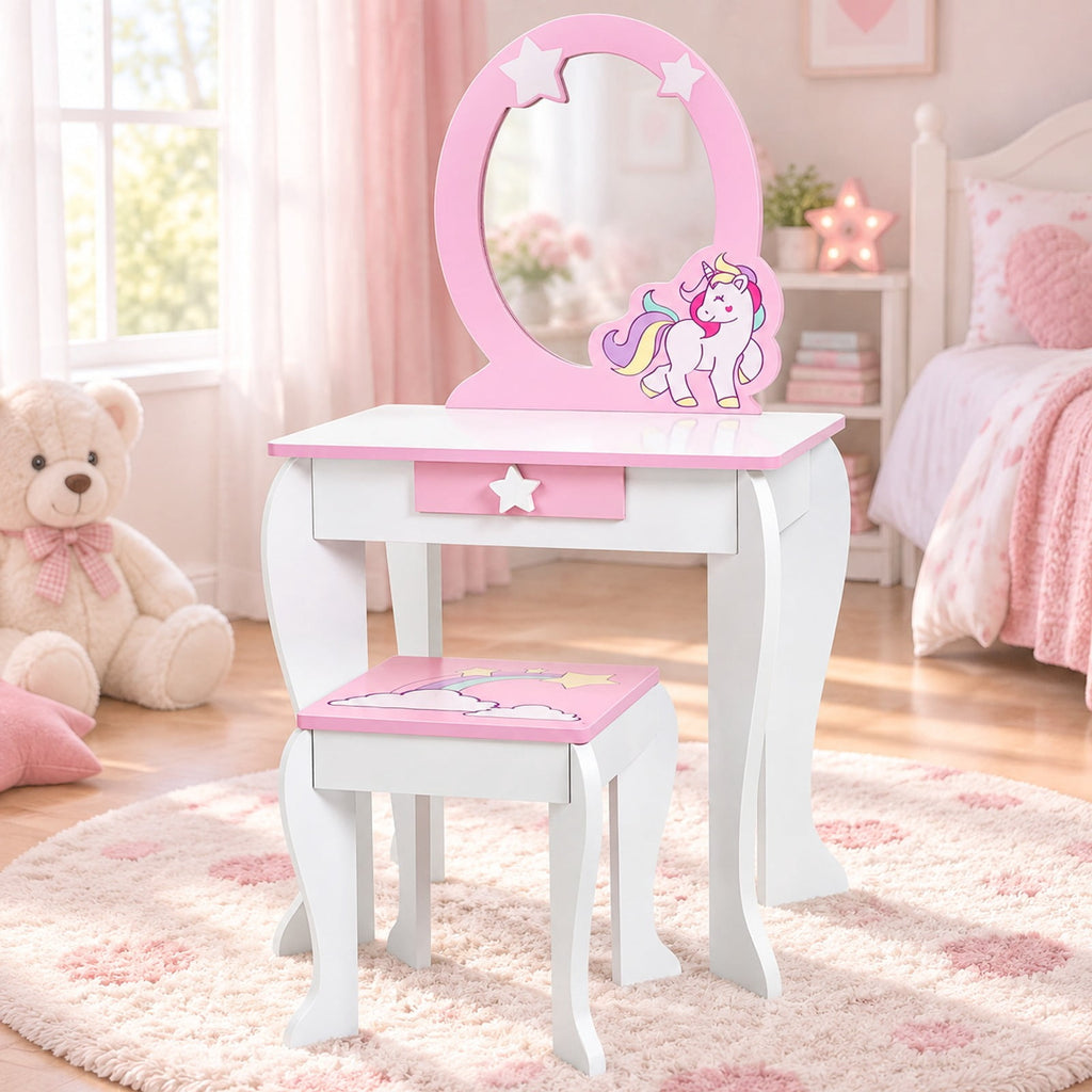 Airfind Kids Wooden Makeup Dressing Table and Chair Set with Mirror and Drawer, MDF Frame, 19 Inch x 14 Inch x 35 Inch Footprint, White