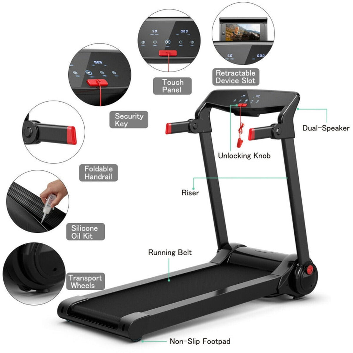 Airfind 3 HP Folding Treadmill with Audio Console Walking Treadmill for Home with Cushioned Deck and Transport Wheels Supports 242 lbs, Red